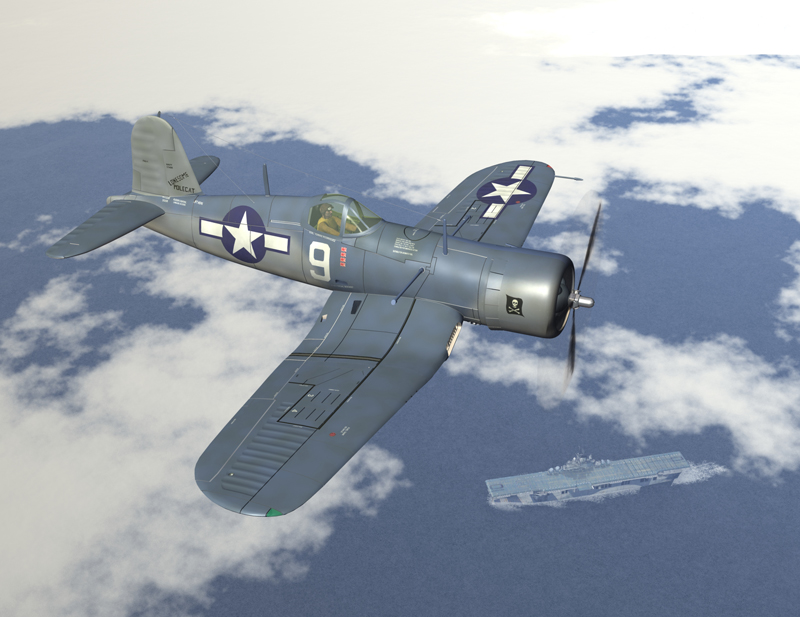 Vought Corsair F4U-1A white 9 Lonesome Polecat of Lt Merl W 'Butch' Davenport VF-17 flying over USS Yorktown early 1944; digital image © Les Still